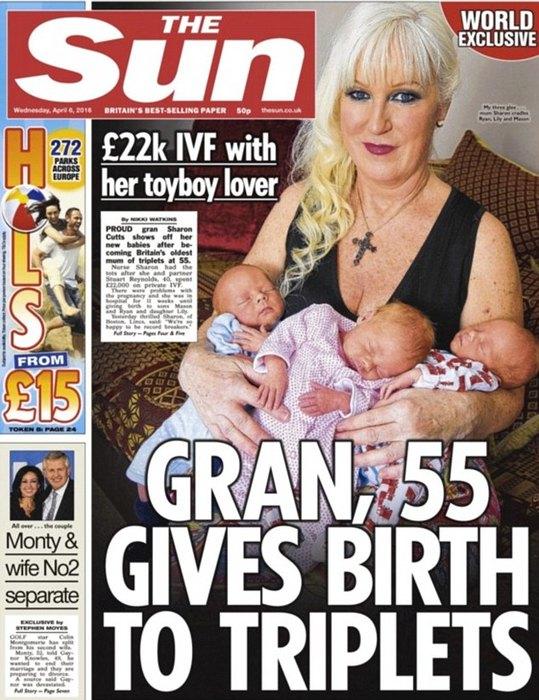 55-летняя британка родила здоровых тройняшек от 40-летнего бойфренда