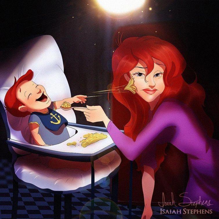 Prințese în concediu de maternitate: un pictor a reprezentat prințesele Disney în postura de mame